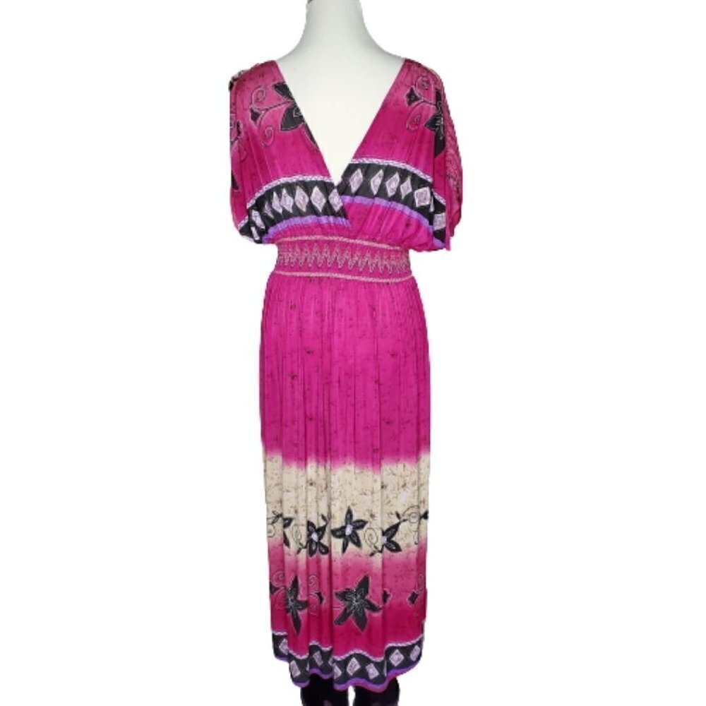 jessica Taylor Pink Floral Pullover V-Neck Back Smocked Waist Midi Dress Large - Picture 6 of 7
